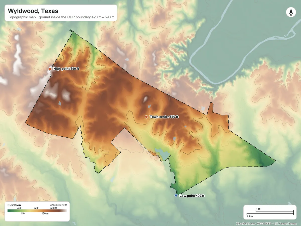 Topographic elevation map of Wyldwood, Texas, shaded from 420 ft on the south side to 590 ft on the northwest side