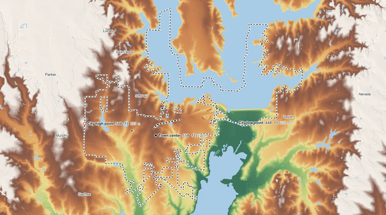 Topographic elevation map of Wylie, Texas, shaded from 440 ft on the east side to 580 ft on the west side