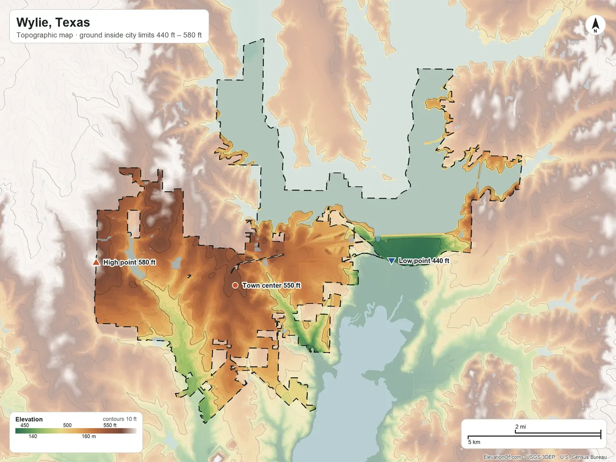 Topographic elevation map of Wylie, Texas, shaded from 440 ft on the east side to 580 ft on the west side