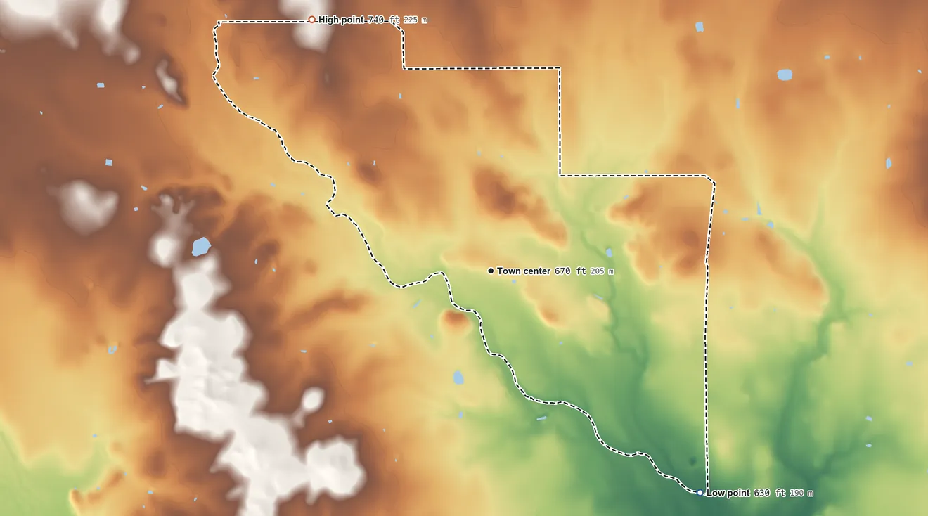 Topographic elevation map of Yancey, Texas, shaded from 630 ft on the southeast side to 740 ft on the northwest side