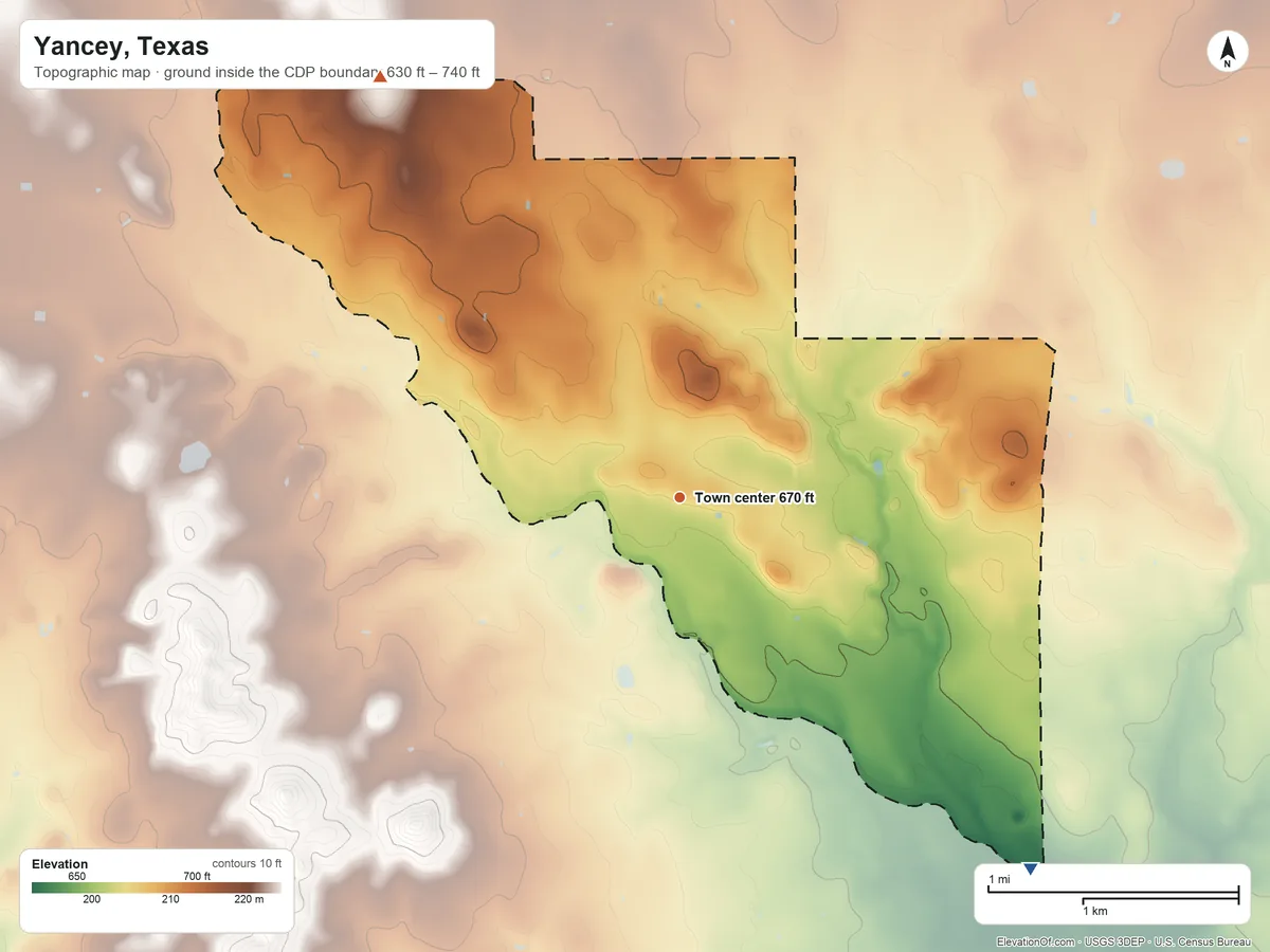 Topographic elevation map of Yancey, Texas, shaded from 630 ft on the southeast side to 740 ft on the northwest side
