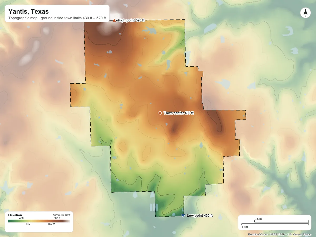 Topographic elevation map of Yantis, Texas, shaded from 430 ft on the south side to 520 ft on the northwest side
