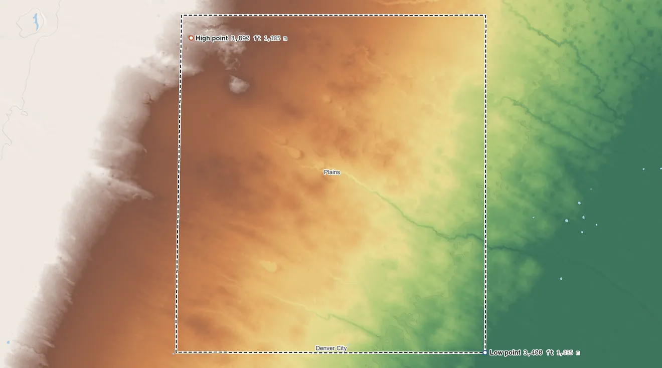 Topographic elevation map of Yoakum County, Texas, shaded from 3,400 ft on the southeast side to 3,890 ft on the northwest side
