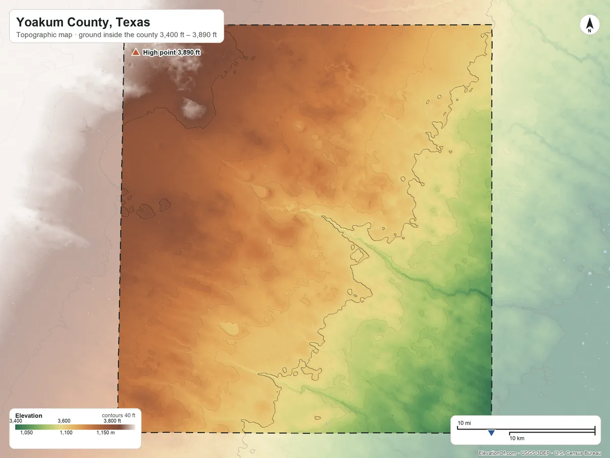 Topographic elevation map of Yoakum County, Texas, shaded from 3,400 ft on the southeast side to 3,890 ft on the northwest side