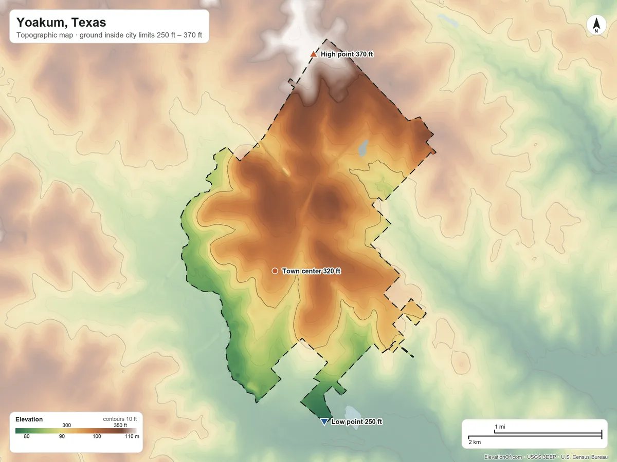 Topographic elevation map of Yoakum, Texas, shaded from 250 ft on the south side to 370 ft on the north side