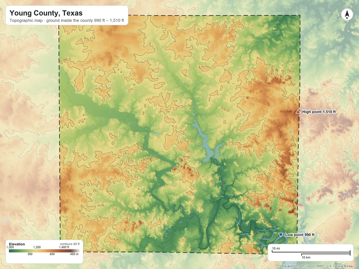 Topographic elevation map of Young County, Texas, shaded from 990 ft on the southeast side to 1,510 ft on the east side