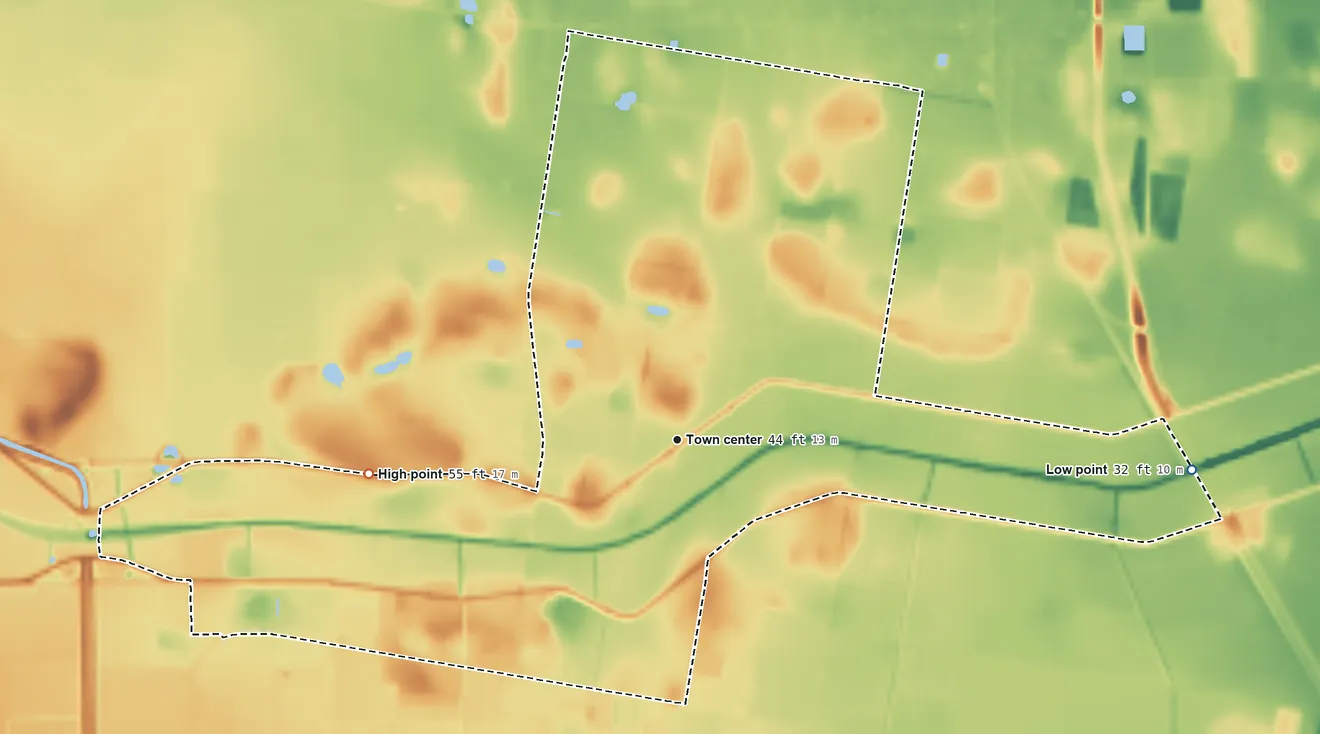 Topographic elevation map of Yznaga, Texas, shaded from 32 ft on the east side to 55 ft on the west side