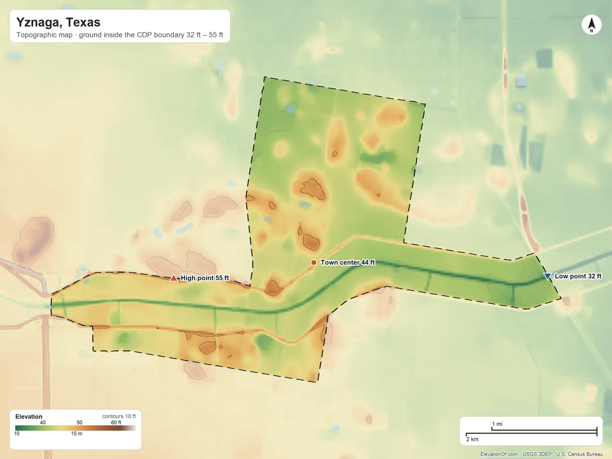 Topographic elevation map of Yznaga, Texas, shaded from 32 ft on the east side to 55 ft on the west side