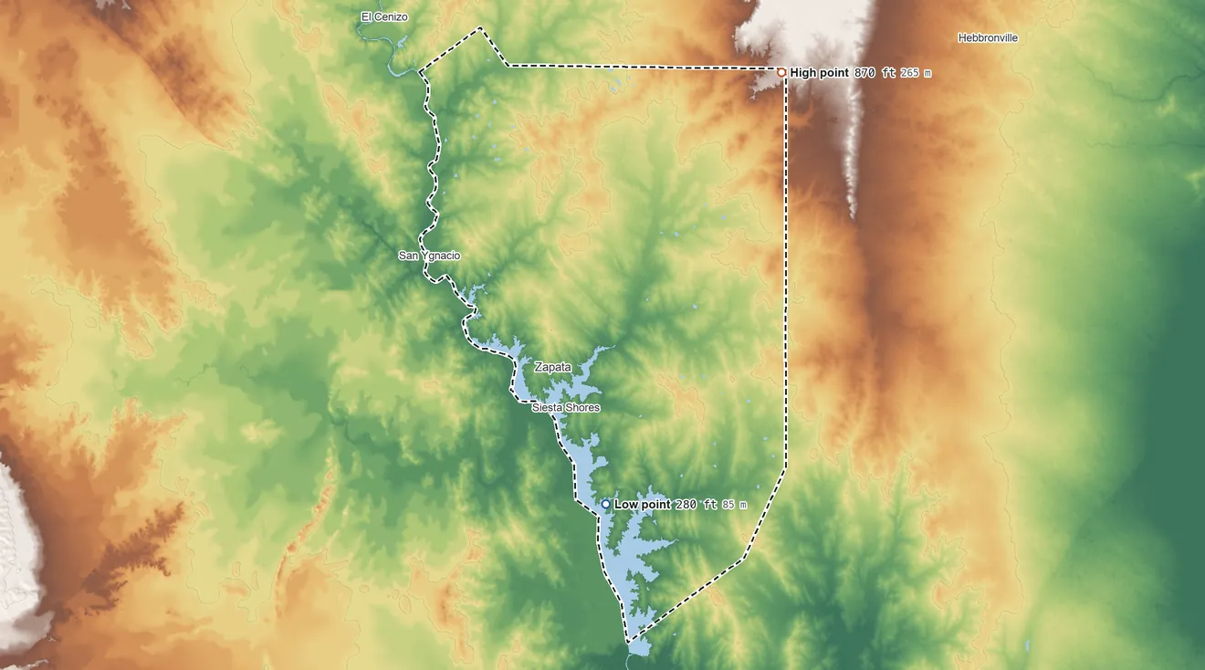 Topographic elevation map of Zapata County, Texas, shaded from 280 ft on the south side to 870 ft on the northeast side