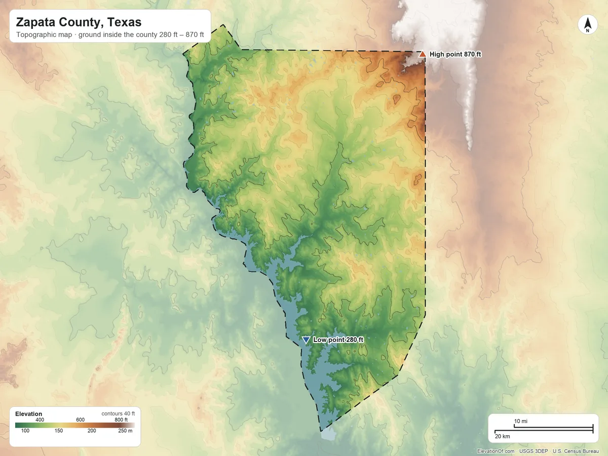 Topographic elevation map of Zapata County, Texas, shaded from 280 ft on the south side to 870 ft on the northeast side