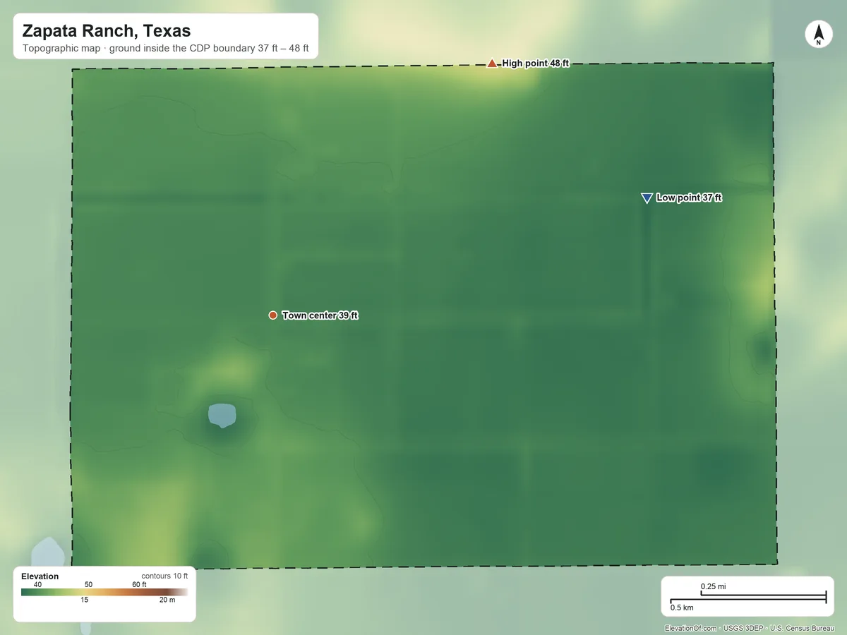 Topographic elevation map of Zapata Ranch, Texas, shaded from 37 ft on the east side to 48 ft on the northeast side