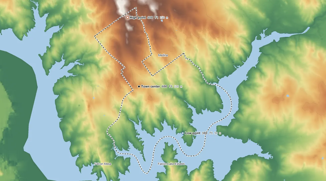 Topographic elevation map of Zapata, Texas, shaded from 300 ft on the southeast side to 480 ft on the north side