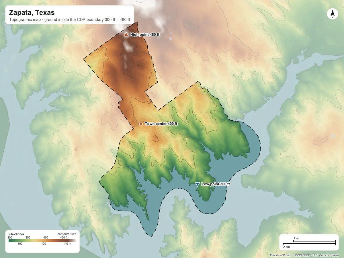Topographic elevation map of Zapata, Texas, shaded from 300 ft on the southeast side to 480 ft on the north side