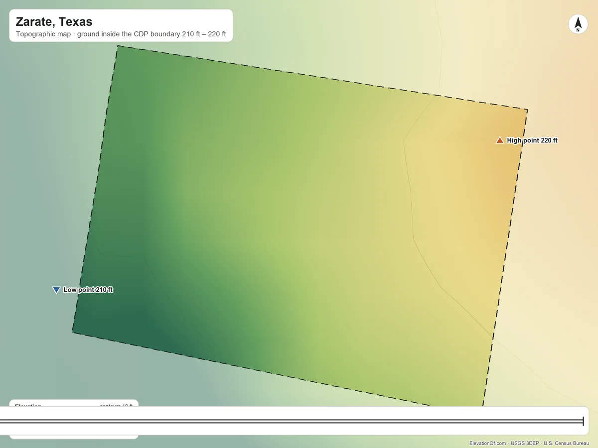 Topographic elevation map of Zarate, Texas, shaded from 210 ft on the southwest side to 220 ft on the east side
