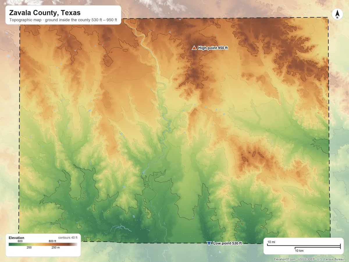 Topographic elevation map of Zavala County, Texas, shaded from 530 ft on the south side to 950 ft on Batesville Hill