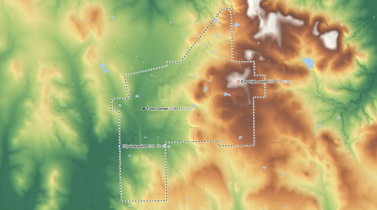 Topographic elevation map of Zavalla, Texas, shaded from 210 ft on the southwest side to 370 ft on the east side