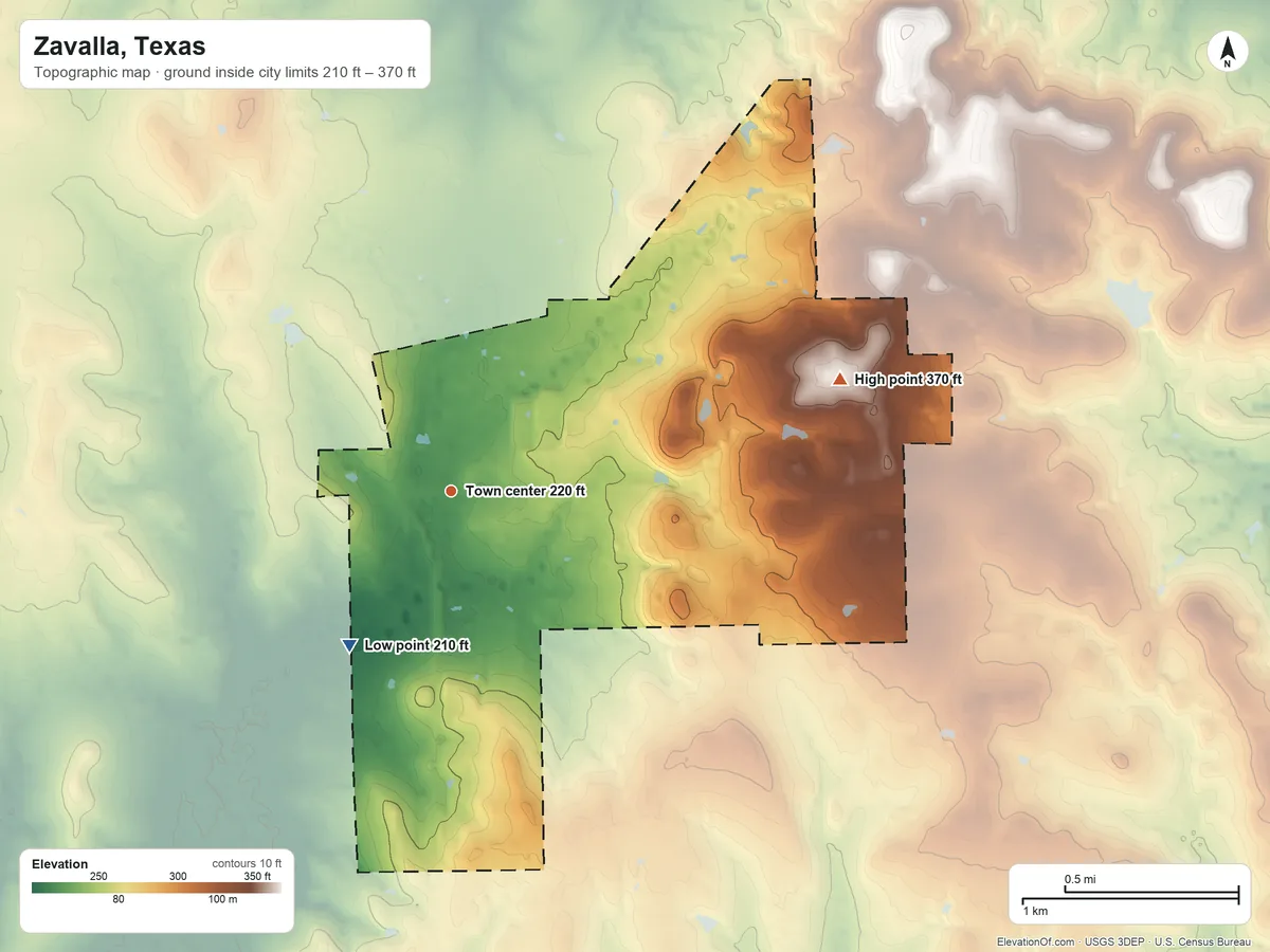 Topographic elevation map of Zavalla, Texas, shaded from 210 ft on the southwest side to 370 ft on the east side