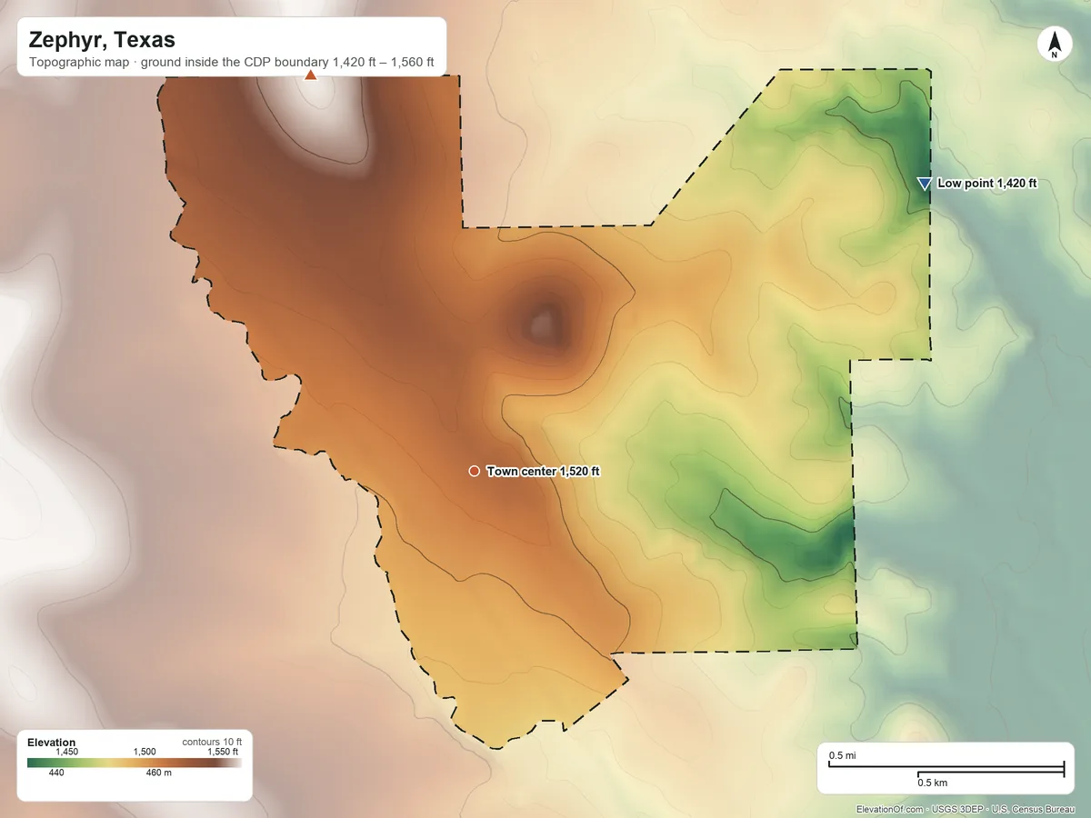 Topographic elevation map of Zephyr, Texas, shaded from 1,420 ft on the northeast side to 1,560 ft on the north side
