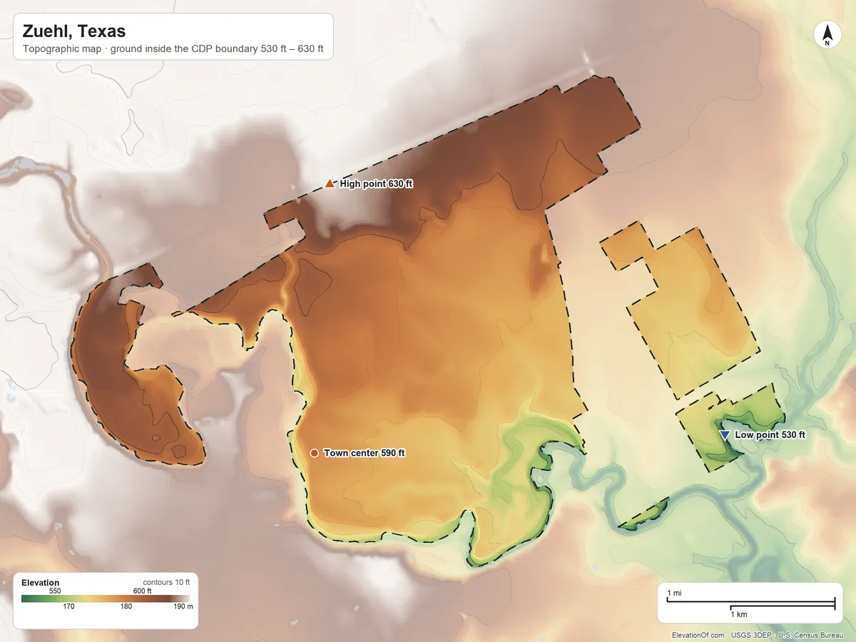 Topographic elevation map of Zuehl, Texas, shaded from 530 ft on the east side to 630 ft on the north side