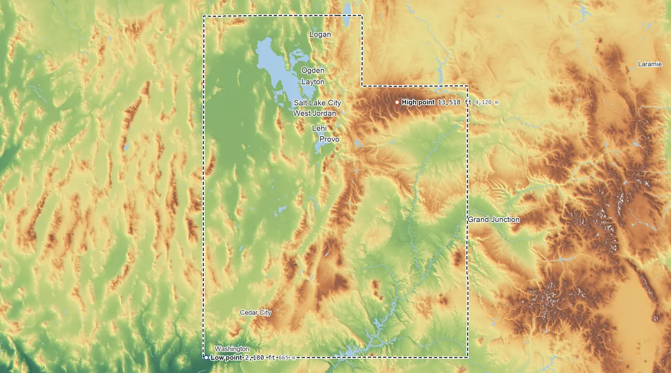 Topographic elevation map of Utah, shaded from 2,180 ft on the southwest side to 13,518 ft on South Kings Peak