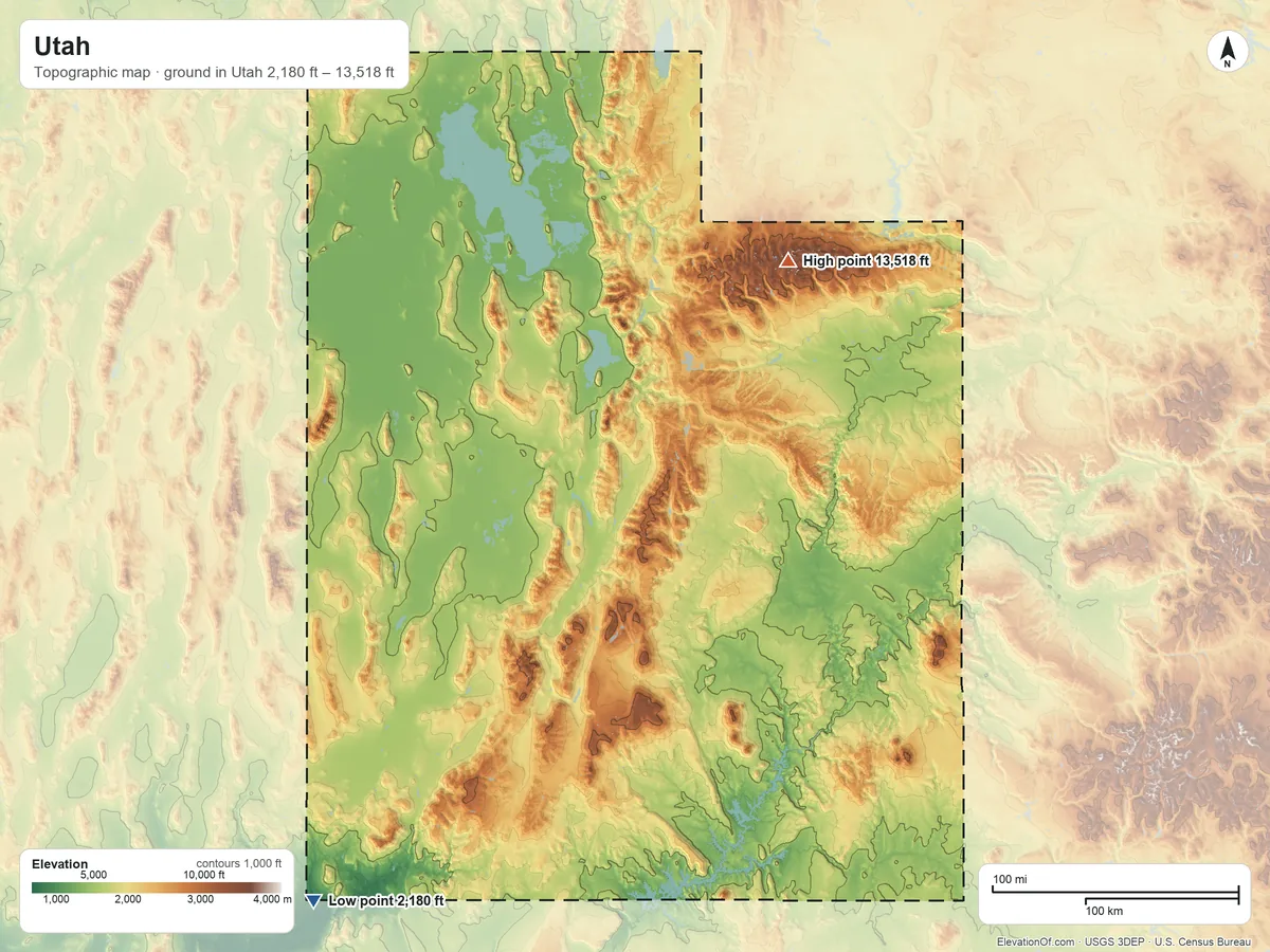 Topographic elevation map of Utah, shaded from 2,180 ft on the southwest side to 13,518 ft on South Kings Peak