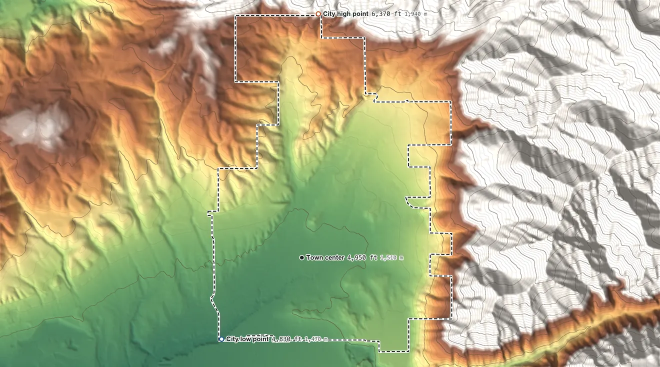 Topographic elevation map of Alpine, Utah, shaded from 4,830 ft on the southwest side to 6,370 ft at the foot of the Traverse Mountains