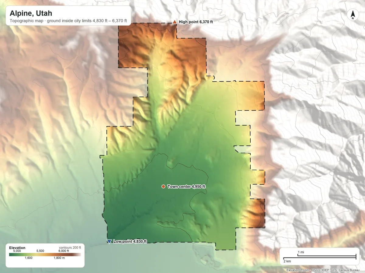 Topographic elevation map of Alpine, Utah, shaded from 4,830 ft on the southwest side to 6,370 ft at the foot of the Traverse Mountains