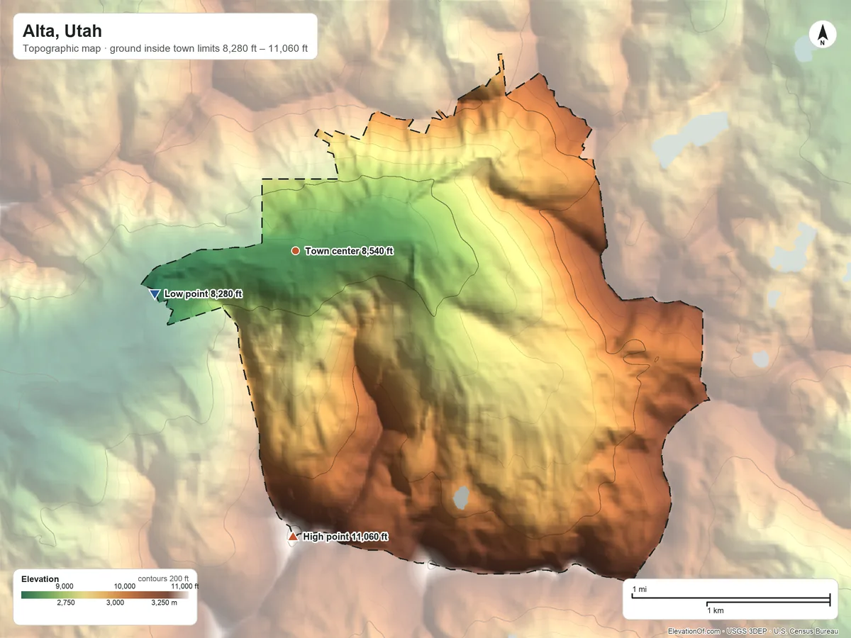 Topographic elevation map of Alta, Utah, shaded from 8,280 ft on the west side to 11,060 ft on Mount Baldy