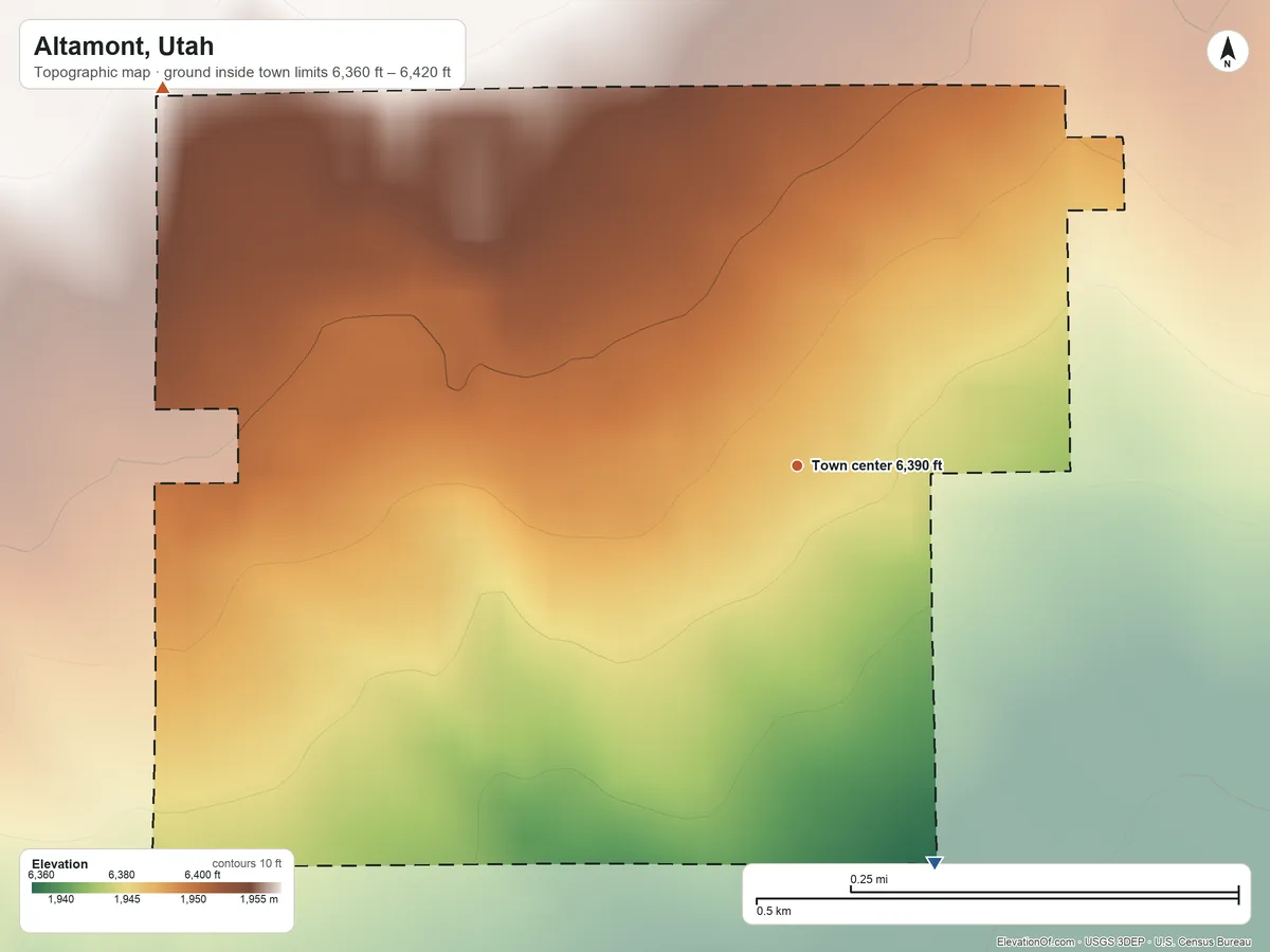 Topographic elevation map of Altamont, Utah, shaded from 6,360 ft on the south side to 6,420 ft on the northwest side