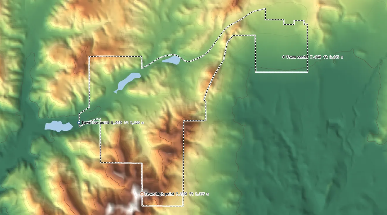 Topographic elevation map of Alton, Utah, shaded from 6,960 ft on the west side to 7,800 ft on the southwest side