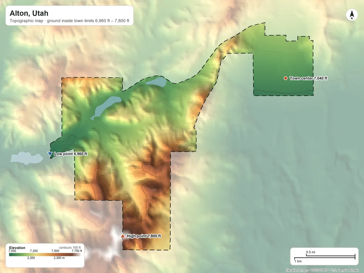 Topographic elevation map of Alton, Utah, shaded from 6,960 ft on the west side to 7,800 ft on the southwest side