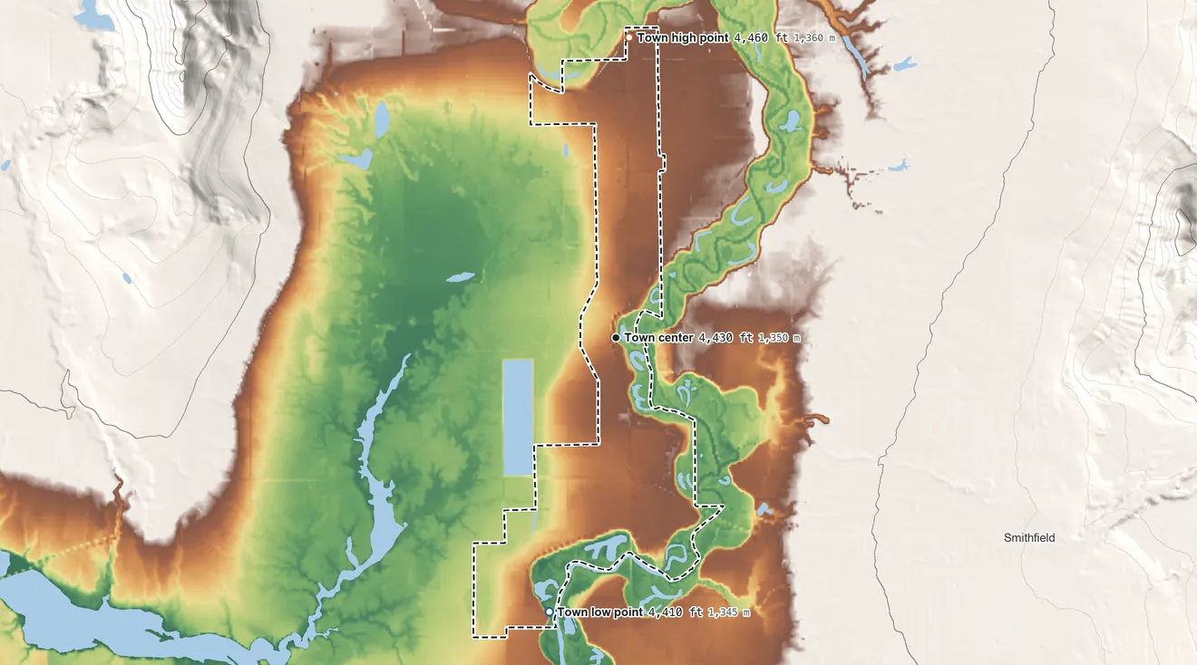 Topographic elevation map of Amalga, Utah, shaded from 4,410 ft on the south side to 4,460 ft on the north side