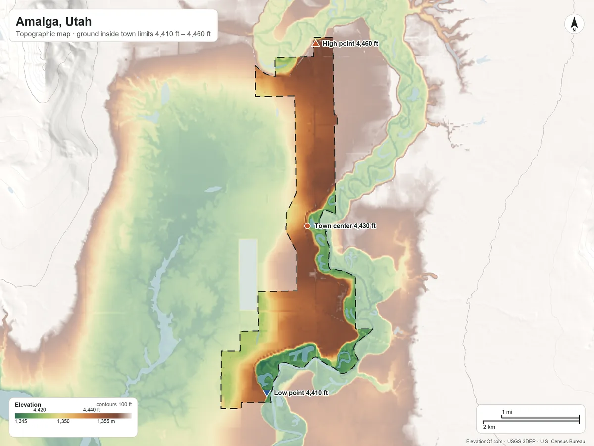 Topographic elevation map of Amalga, Utah, shaded from 4,410 ft on the south side to 4,460 ft on the north side