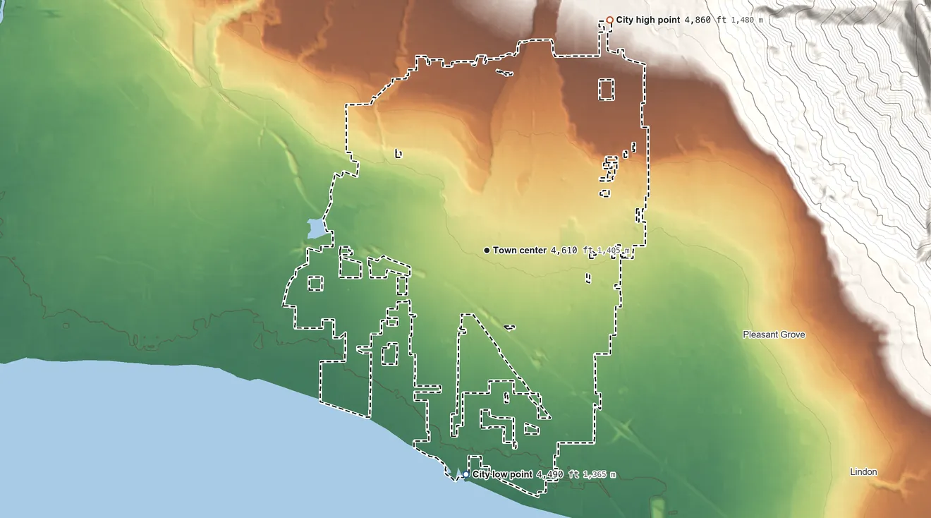 Topographic elevation map of American Fork, Utah, shaded from 4,490 ft on the south side to 4,860 ft at the foot of the Traverse Mountains