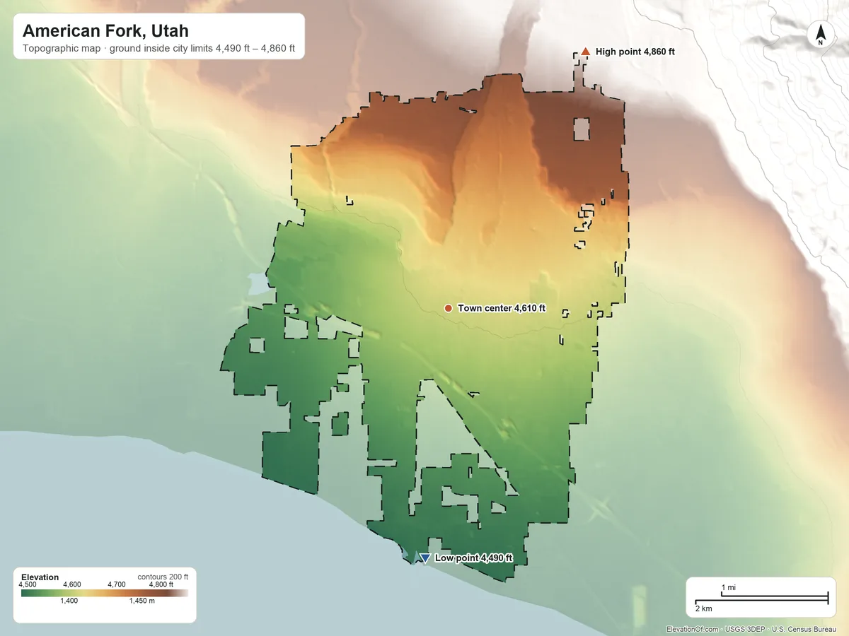 Topographic elevation map of American Fork, Utah, shaded from 4,490 ft on the south side to 4,860 ft at the foot of the Traverse Mountains
