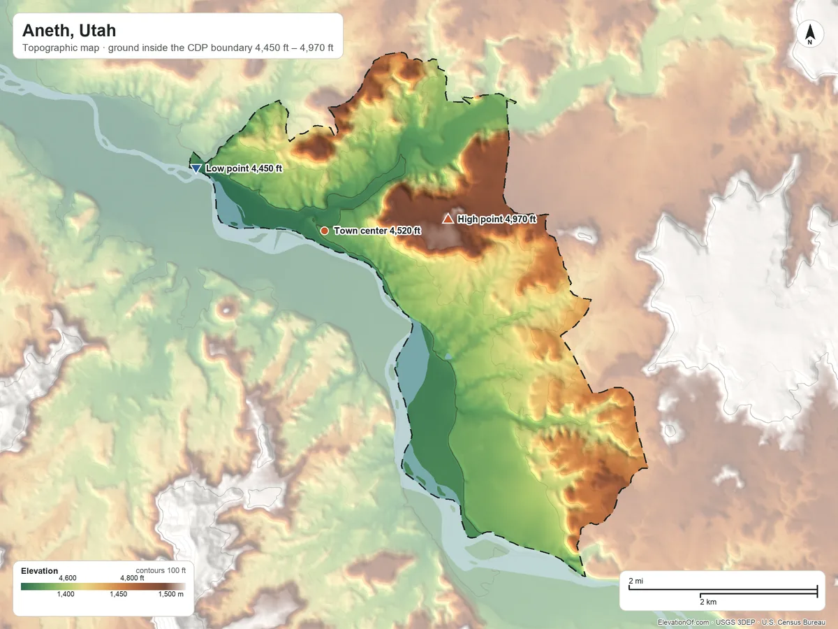 Topographic elevation map of Aneth, Utah, shaded from 4,450 ft on the northwest side to 4,970 ft on the east side