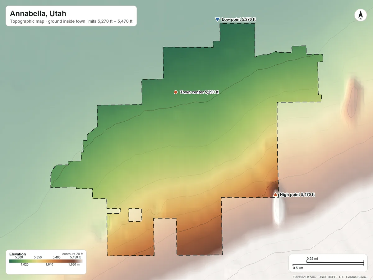 Topographic elevation map of Annabella, Utah, shaded from 5,270 ft on the northeast side to 5,470 ft on the southeast edge, below higher ground just outside