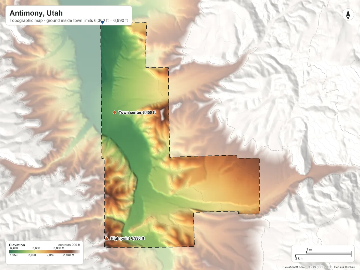 Topographic elevation map of Antimony, Utah, shaded from 6,360 ft on the north side to 6,990 ft at the foot of the Escalante Mountains