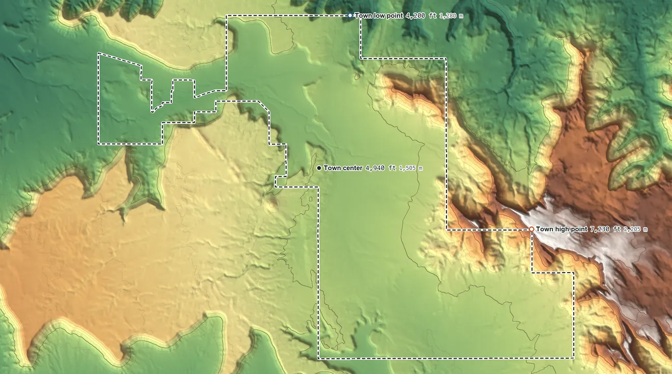 Topographic elevation map of Apple Valley, Utah, shaded from 4,200 ft on the north side to 7,230 ft on the east side