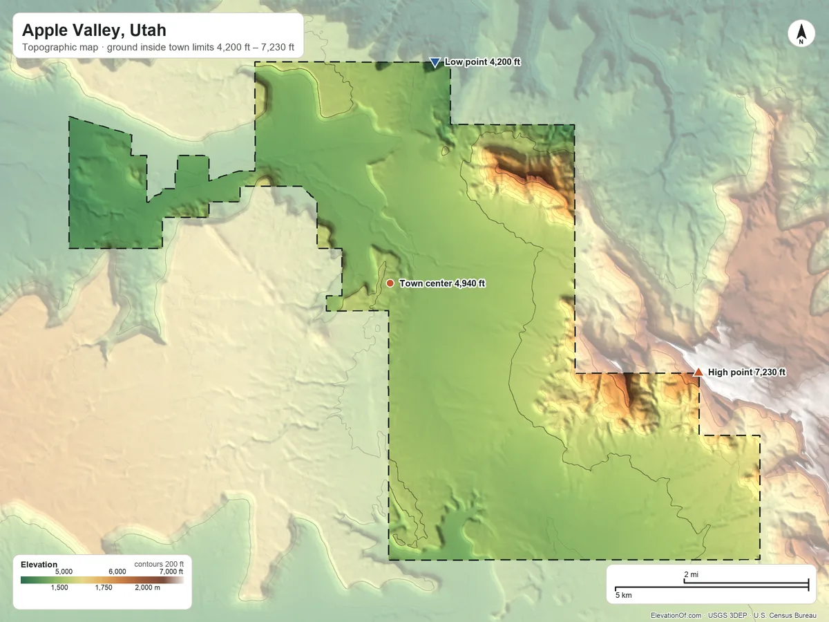 Topographic elevation map of Apple Valley, Utah, shaded from 4,200 ft on the north side to 7,230 ft on the east side