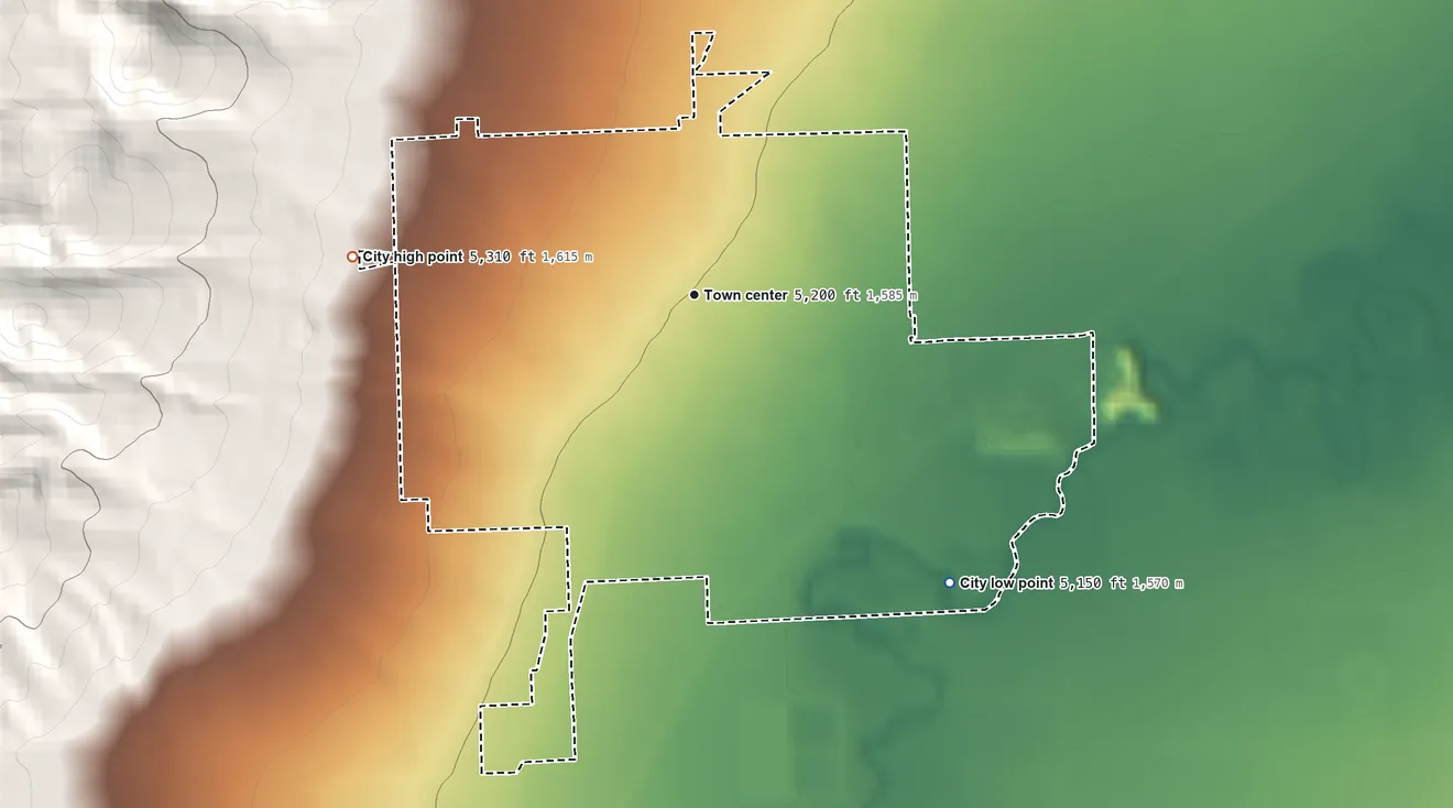 Topographic elevation map of Aurora, Utah, shaded from 5,150 ft on the southeast side to 5,310 ft at the foot of the White Hills