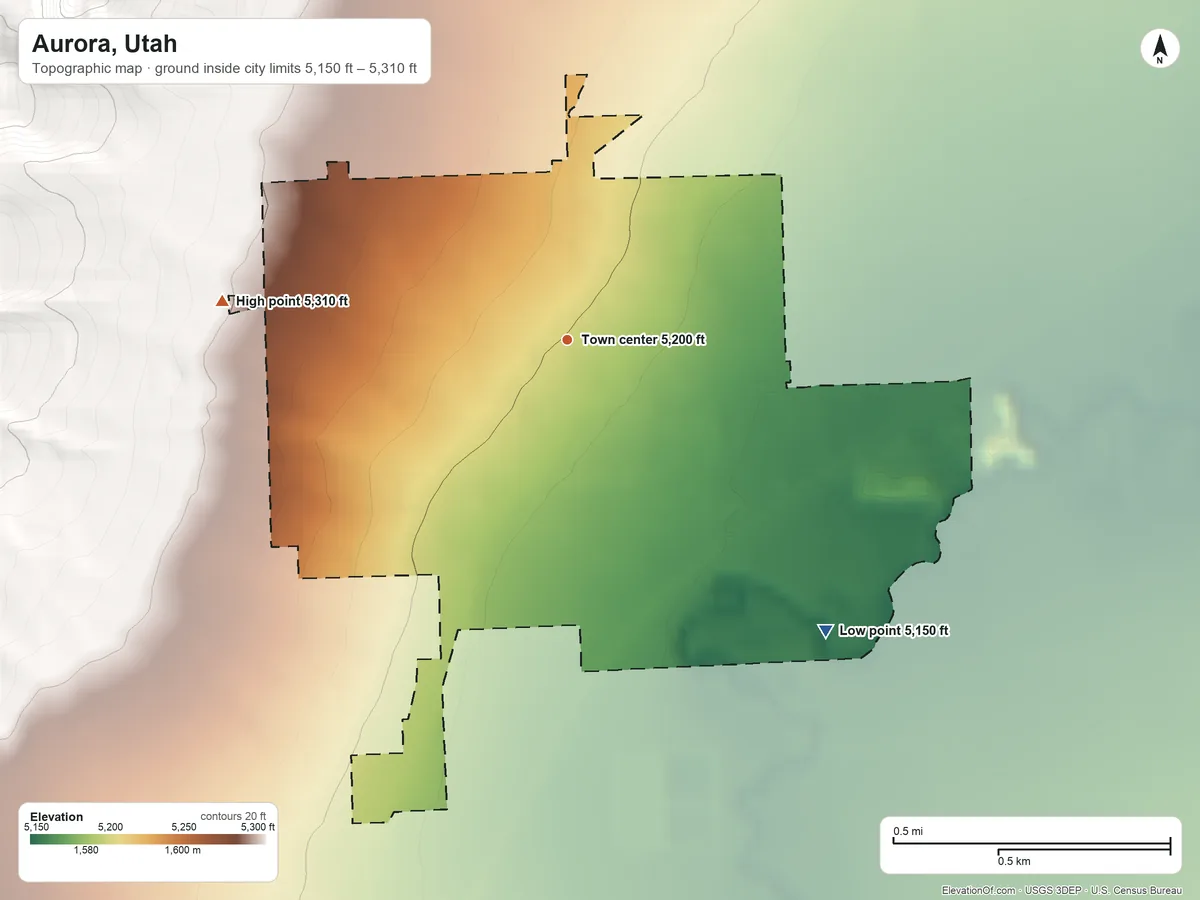 Topographic elevation map of Aurora, Utah, shaded from 5,150 ft on the southeast side to 5,310 ft at the foot of the White Hills