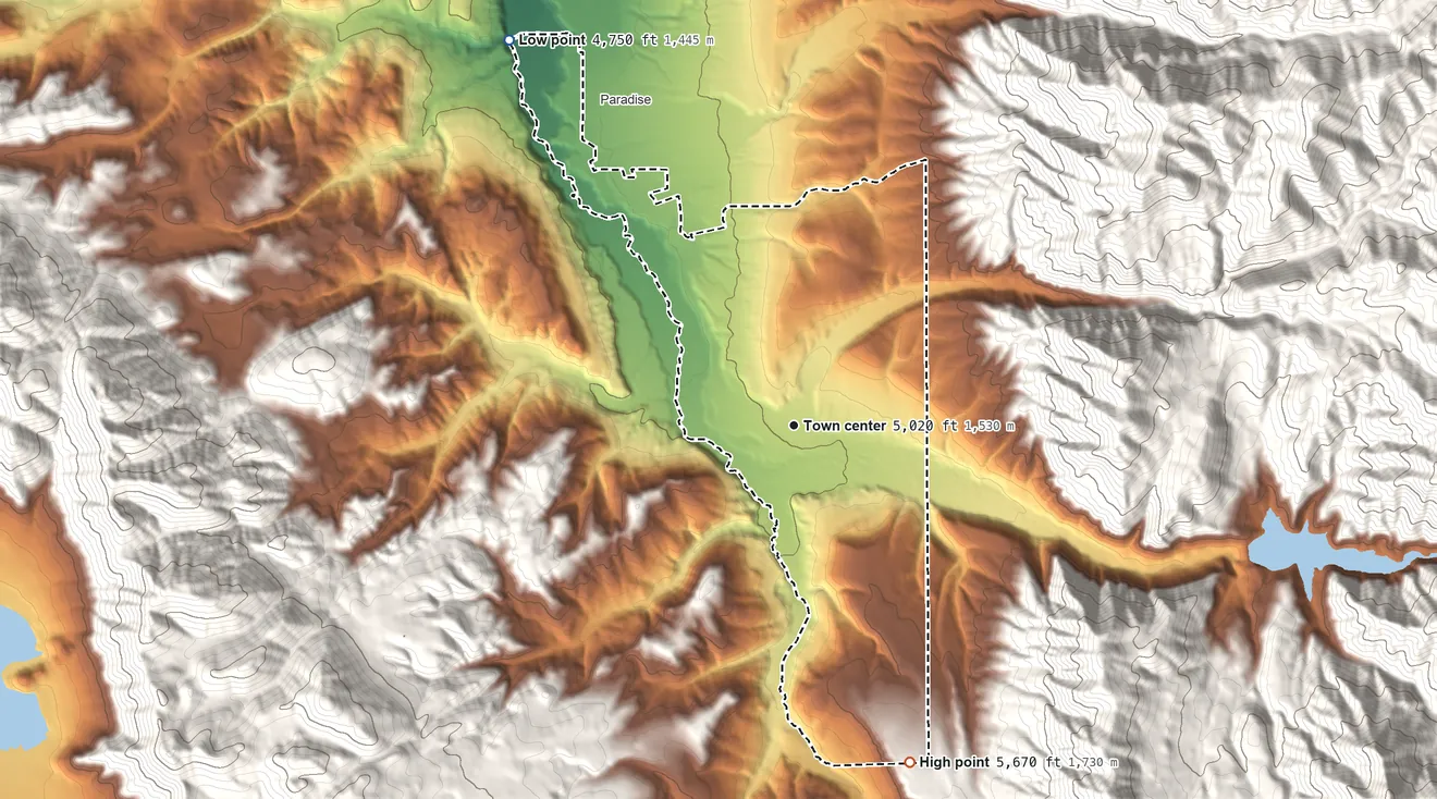 Topographic elevation map of Avon, Utah, shaded from 4,750 ft on the northwest side to 5,670 ft at the foot of the Mahogany Range