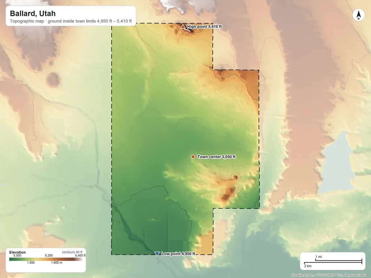 Topographic elevation map of Ballard, Utah, shaded from 4,950 ft on the south side to 5,410 ft on the north side