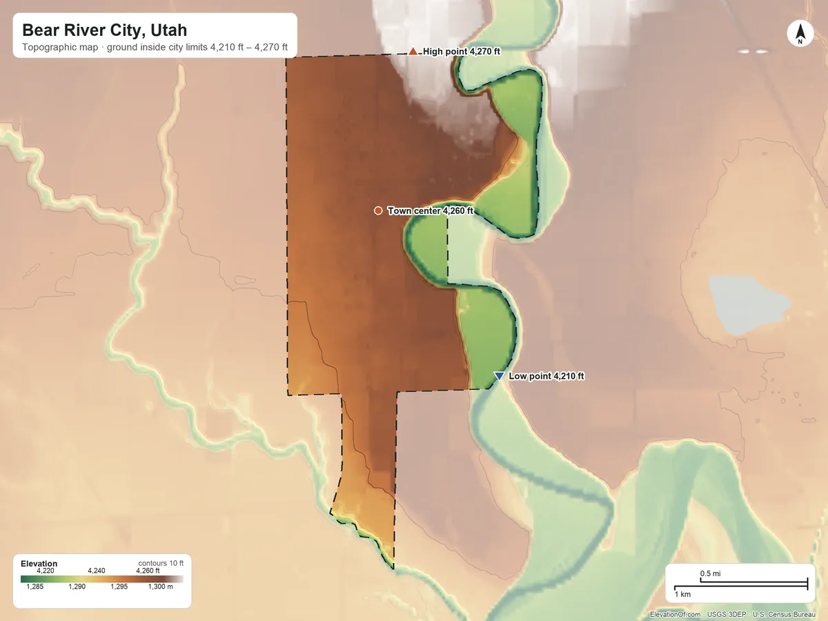 Topographic elevation map of Bear River City, Utah, shaded from 4,210 ft on the southeast side to 4,270 ft on the north side