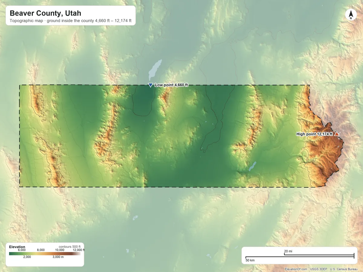 Topographic elevation map of Beaver County, Utah, shaded from 4,660 ft on the northwest side to 12,174 ft on Delano Peak