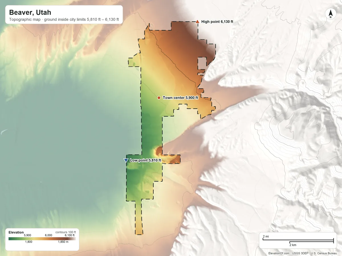 Topographic elevation map of Beaver, Utah, shaded from 5,810 ft on the southwest side to 6,130 ft at the foot of the Mineral Mountains
