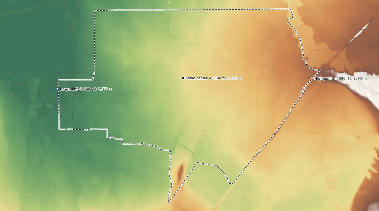 Topographic elevation map of Benjamin, Utah, shaded from 4,500 ft on the west side to 4,590 ft on the east side