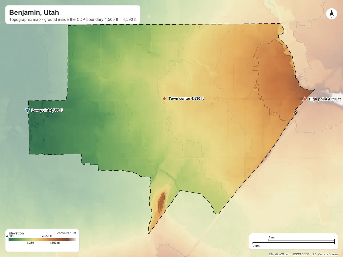 Topographic elevation map of Benjamin, Utah, shaded from 4,500 ft on the west side to 4,590 ft on the east side
