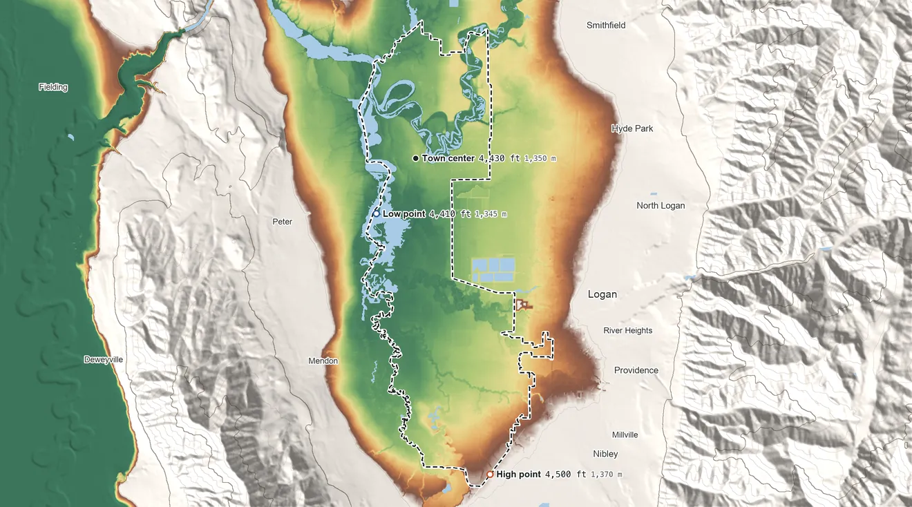 Topographic elevation map of Benson, Utah, shaded from 4,410 ft on the southwest side to 4,500 ft on the south side